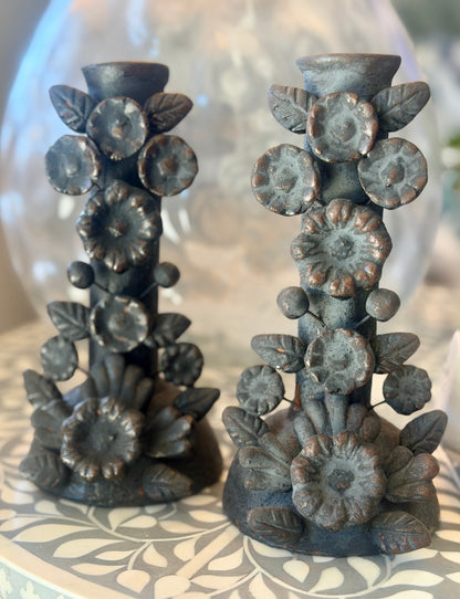 Handmade Day of the Dead Skull Candlesticks – Mexican Floral Calavera Candle Holders Set of 2