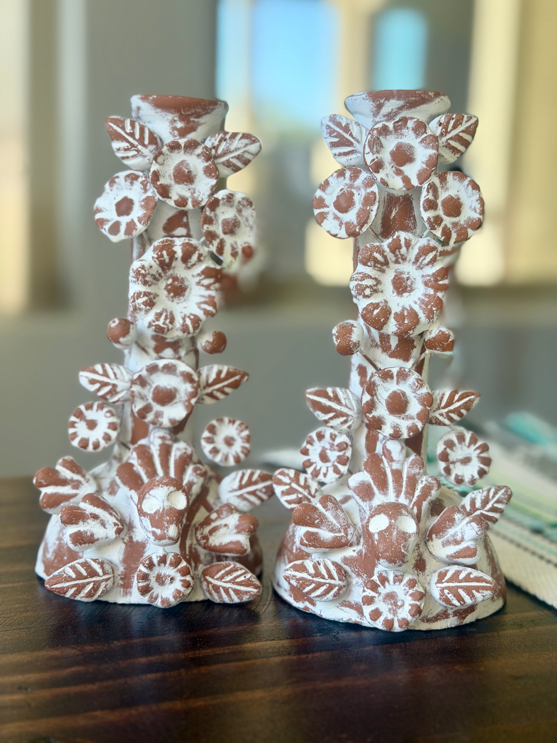 Handmade Day of the Dead Skull Candlesticks – Mexican Floral Calavera Candle Holders Set of 2
