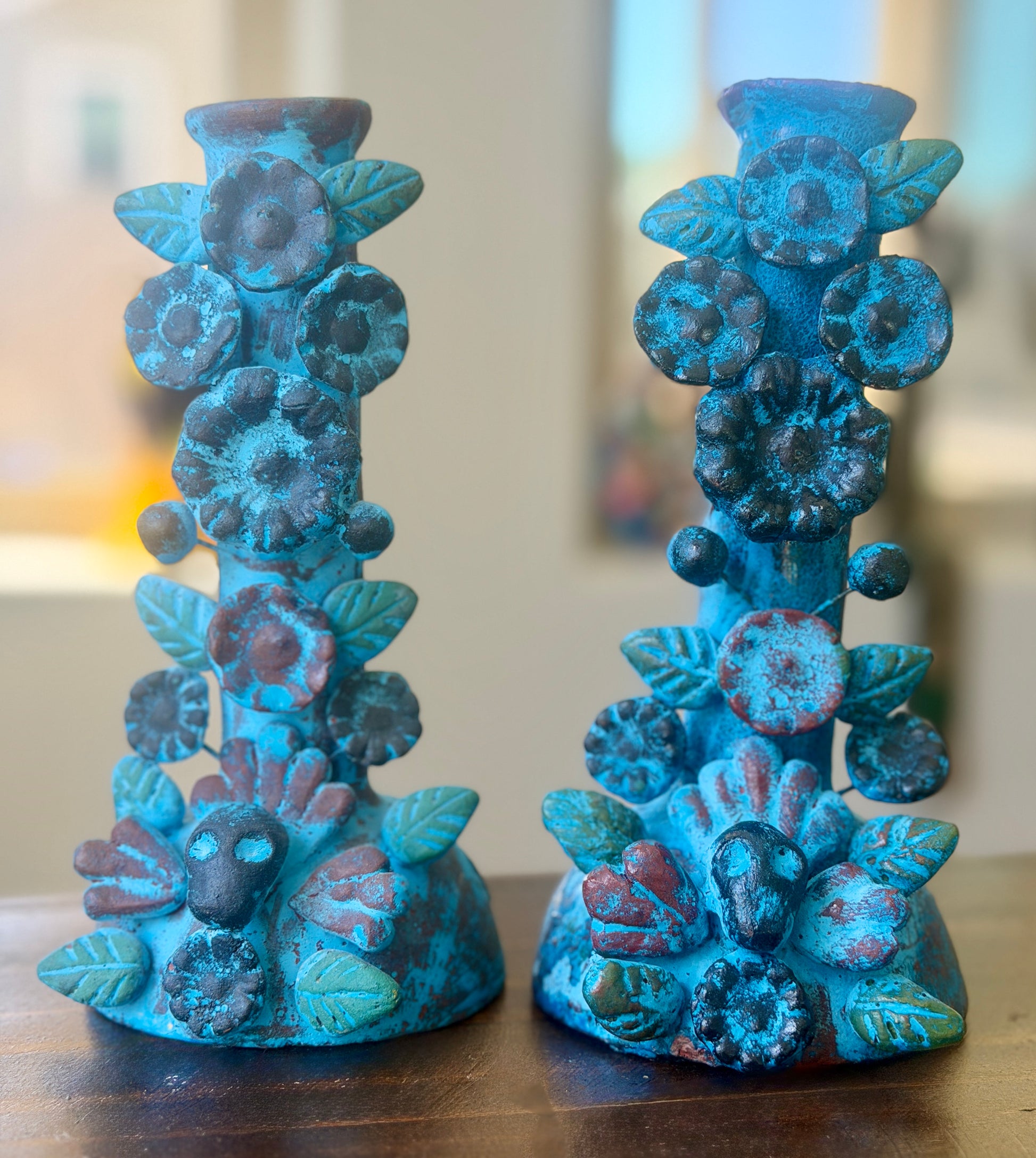 Handmade Day of the Dead Skull Candlesticks – Mexican Floral Calavera Candle Holders Set of 2