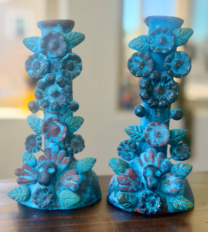 Handmade Day of the Dead Skull Candlesticks – Mexican Floral Calavera Candle Holders Set of 2