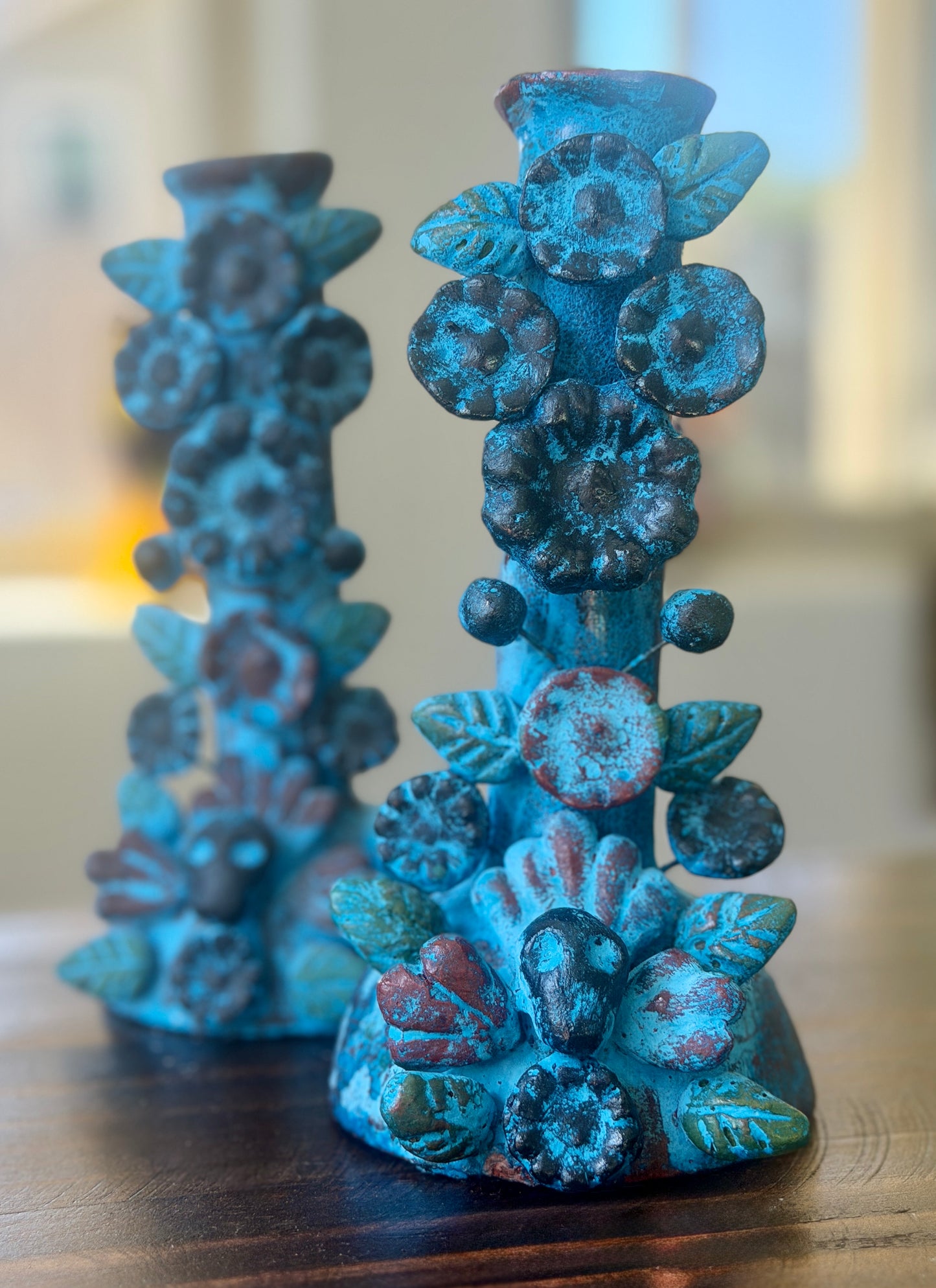 Handmade Day of the Dead Skull Candlesticks – Mexican Floral Calavera Candle Holders Set of 2