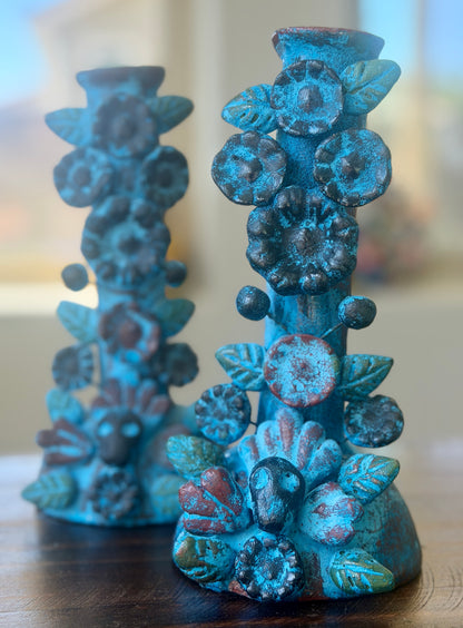 Handmade Day of the Dead Skull Candlesticks – Mexican Floral Calavera Candle Holders Set of 2