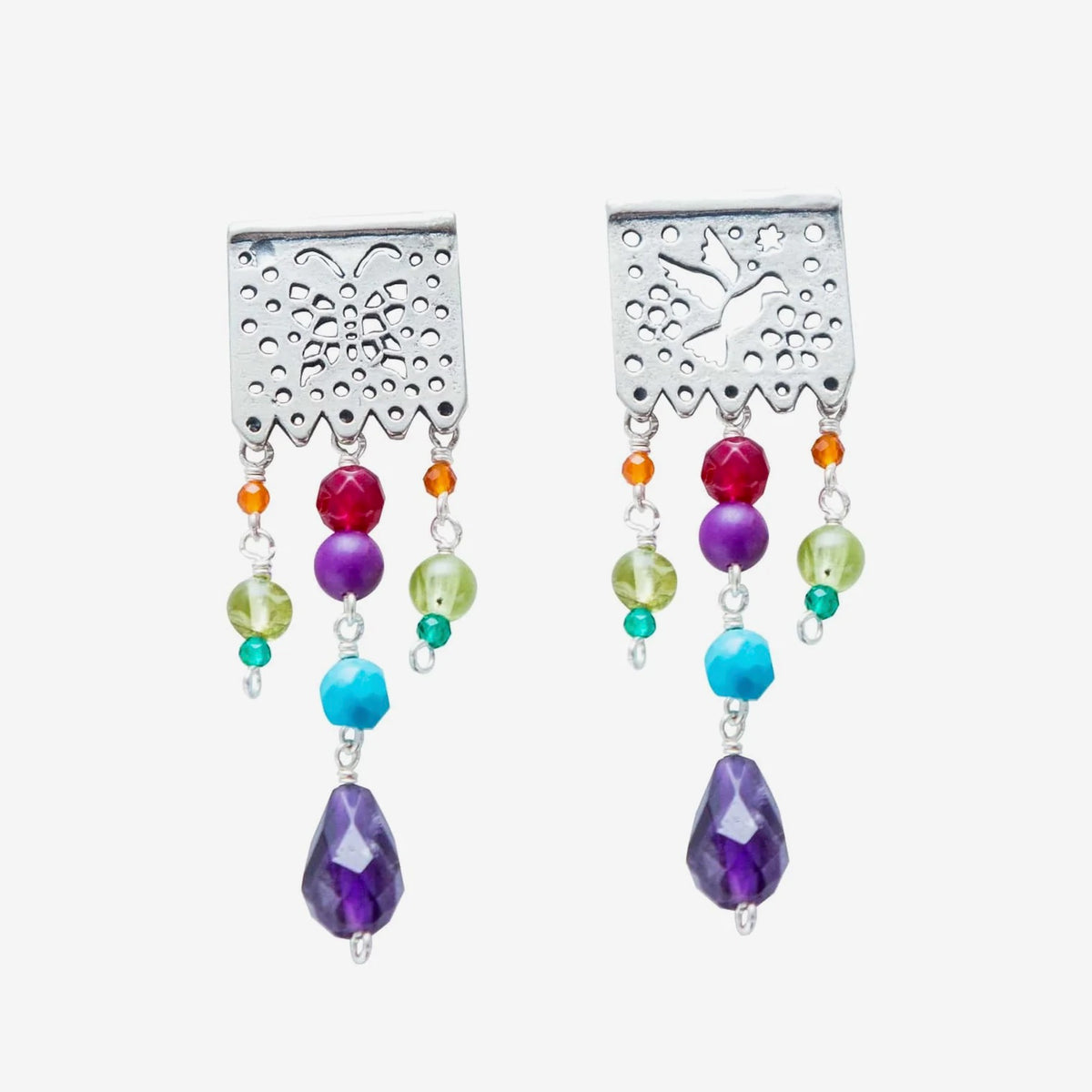 Mexican Papel Picado Silver Earrings with Natural Gemstones | Gabriela Sánchez