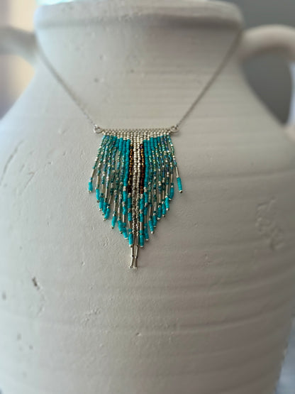 Handmade Mexican Beaded V-Fringe Necklace – Lightweight Silver Statement Jewelry