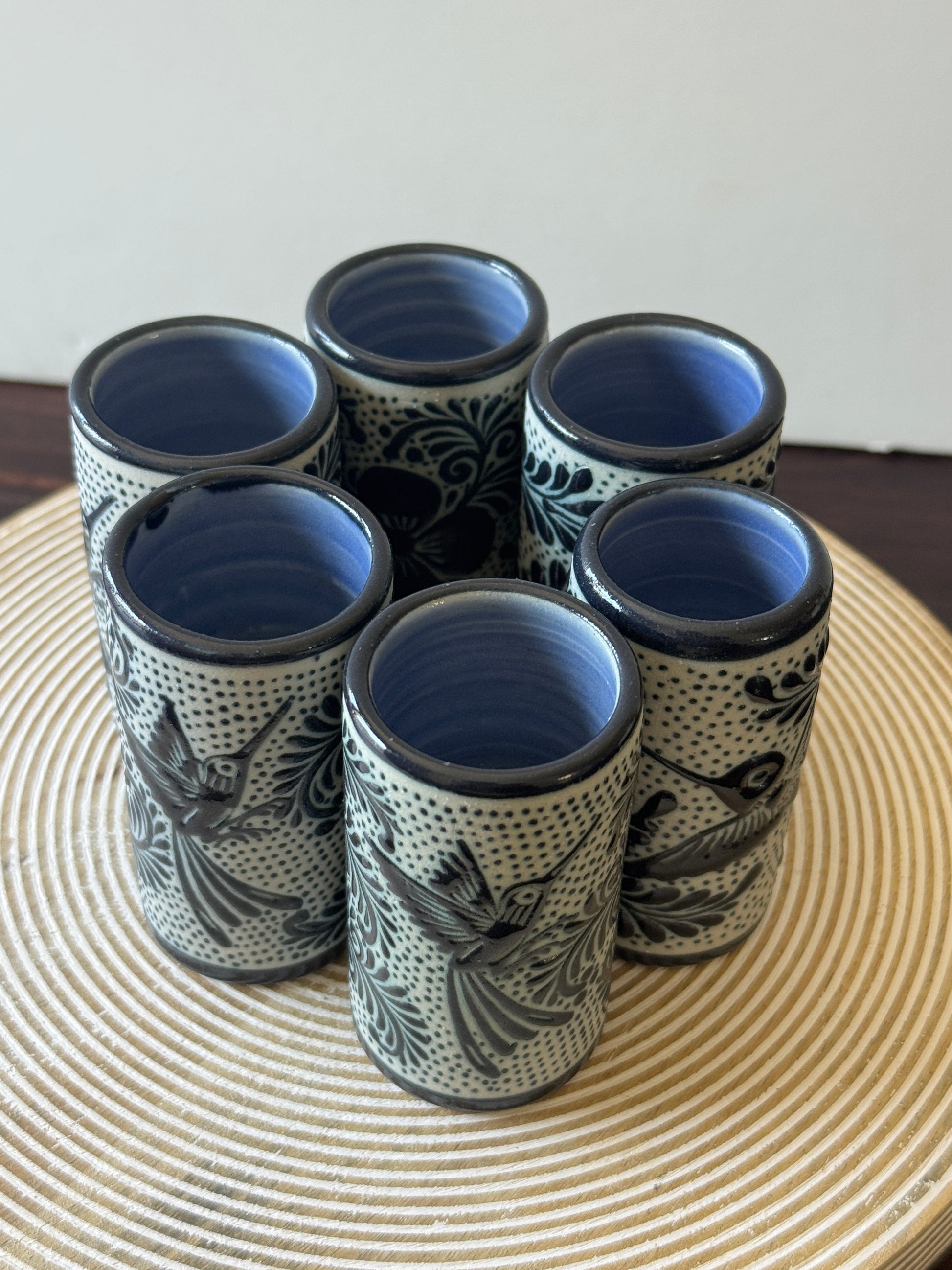 Handmade Mexican Tequila Set – Black Clay Bottle & Shot Glasses from Guanajuato | Bird Design by Pajaro Artisans