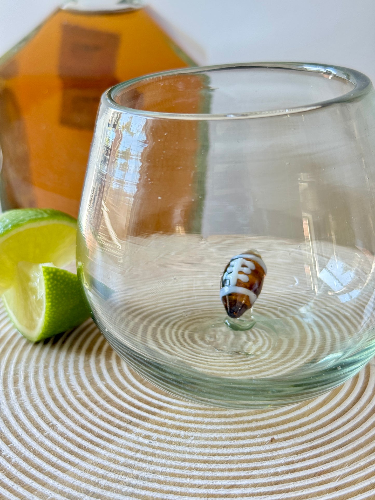 Handblown Mexican Glass with Football | Recycled Glass Cup | Fun Gift for Sports Fans, Dad, or Bar Decor