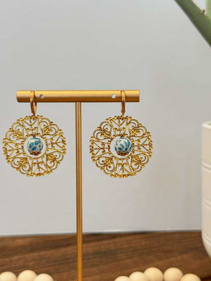 Goddess Earrings 14K Gold Turquoise Talavera