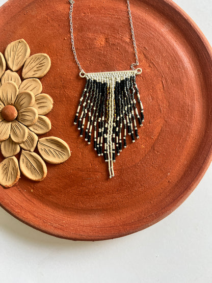 Handmade Mexican Beaded V-Fringe Necklace – Lightweight Silver Statement Jewelry