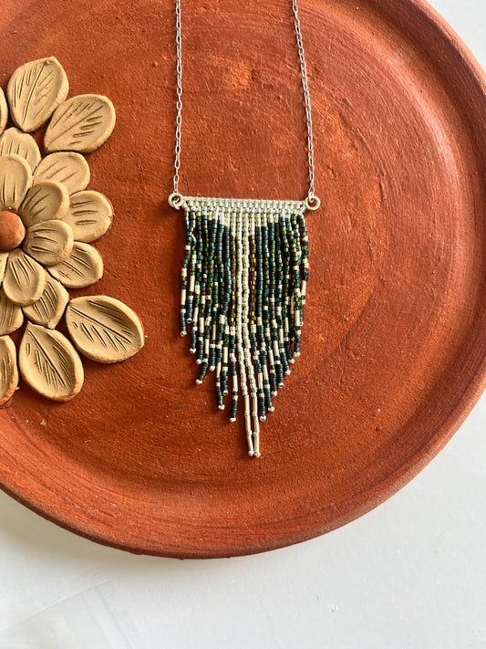 Handmade Mexican Beaded V-Fringe Necklace – Lightweight Silver Statement Jewelry