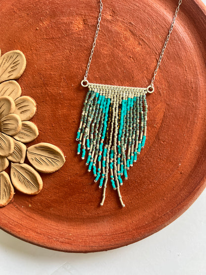 Handmade Mexican Beaded V-Fringe Necklace – Lightweight Silver Statement Jewelry