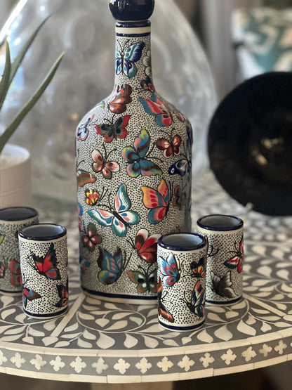 Handmade Mexican Decanter & Shot Glass Set | Butterfly Talavera from Guanajuato