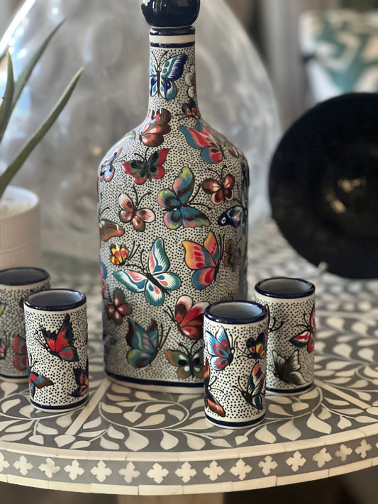 Handmade Mexican Decanter & Shot Glass Set | Butterfly Talavera from Guanajuato