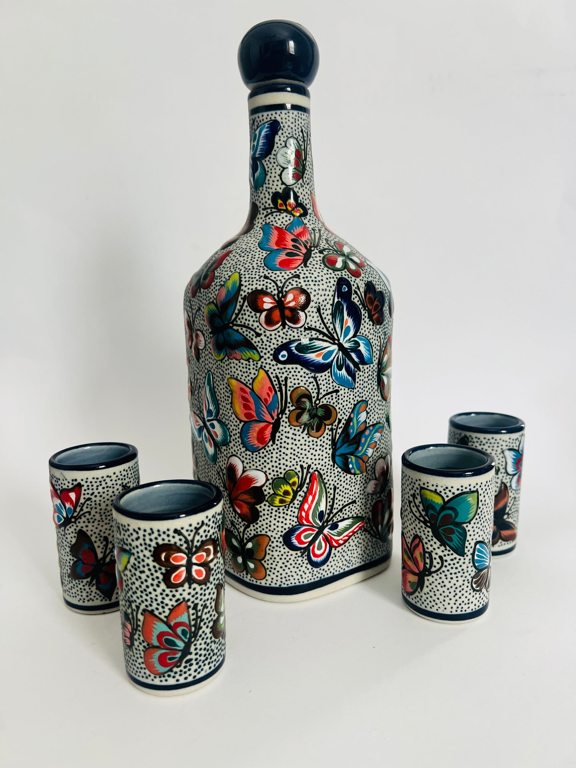 Handmade Mexican Decanter & Shot Glass Set | Butterfly Talavera from Guanajuato