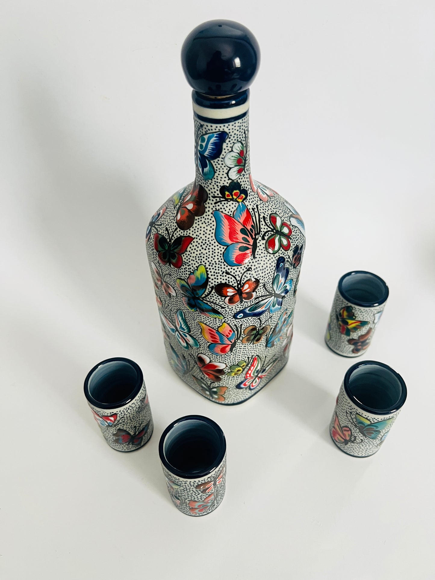 Handmade Mexican Decanter & Shot Glass Set | Butterfly Talavera from Guanajuato