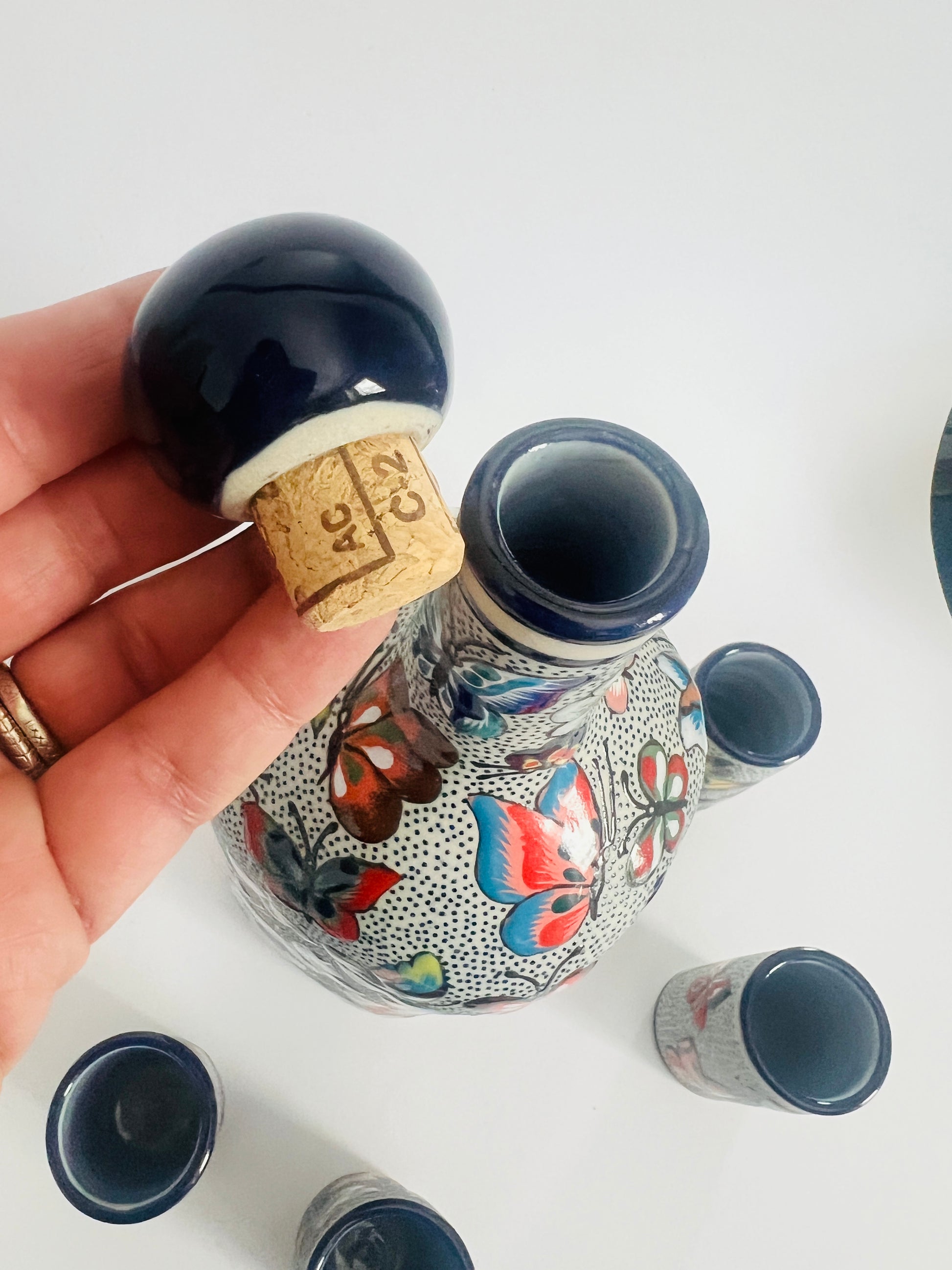 Handmade Mexican Decanter & Shot Glass Set | Butterfly Talavera from Guanajuato