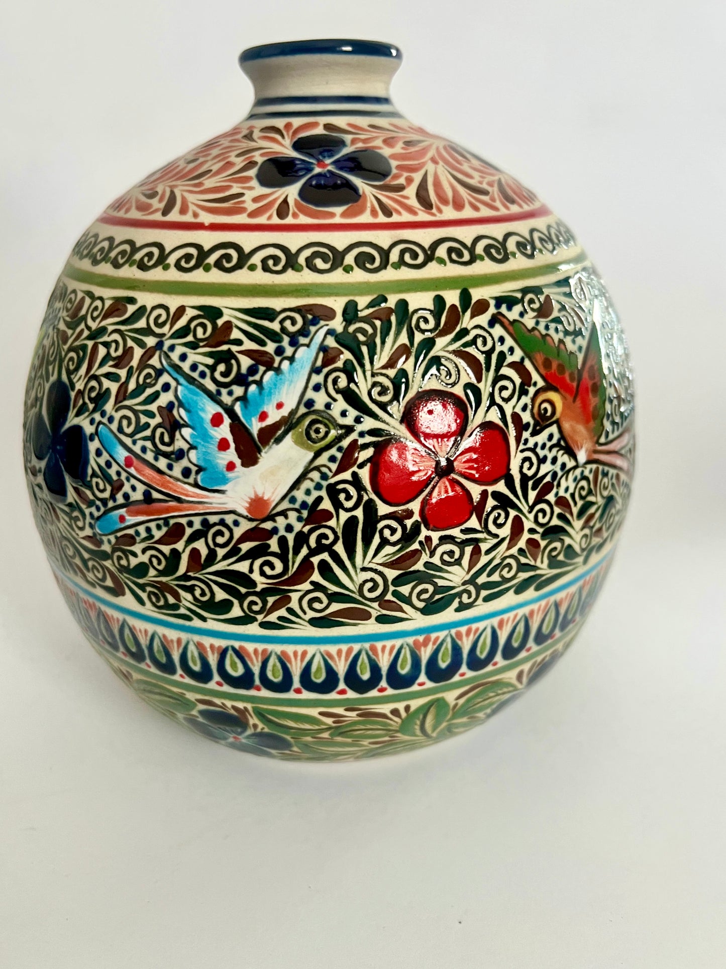 Handmade Guanajuato Ceramic Vase – Hummingbirds & Flowers Pottery