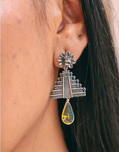 Gabriela Sánchez Amber & .925 Silver Kukulkán Pyramid Earrings | Handcrafted Mexican Fine Jewelry | Cultural Artisan Earrings from Guadalajara