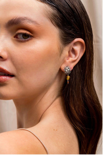 Amber Sun Earrings .925 Silver | Handmade Mexican Jewelry | Chiapas Amber & Carnelian Boho Earrings