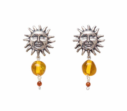 Amber Sun Earrings .925 Silver | Handmade Mexican Jewelry | Chiapas Amber & Carnelian Boho Earrings