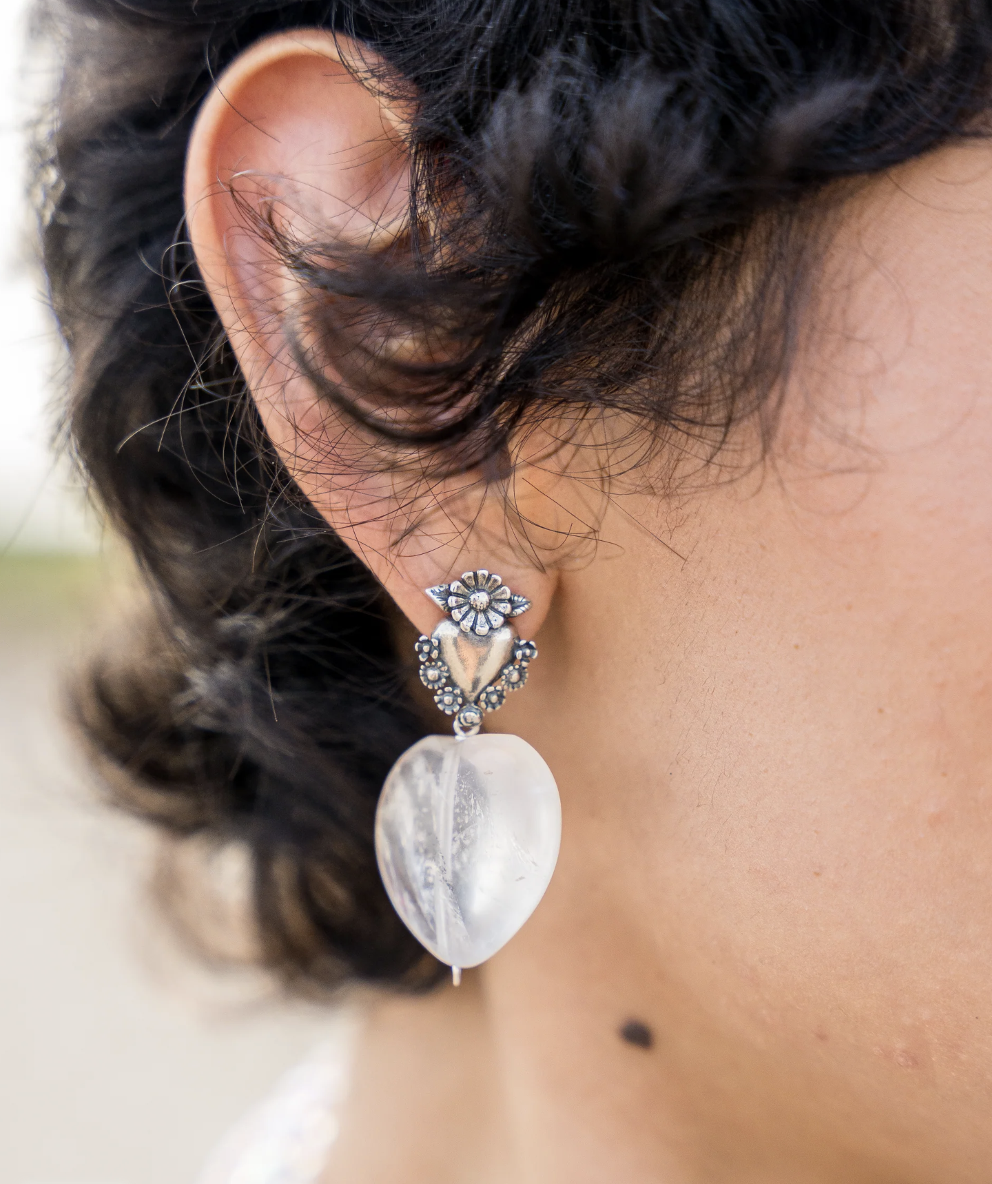 Handmade Sterling Silver Quartz Heart Earrings by Gabriela Sánchez