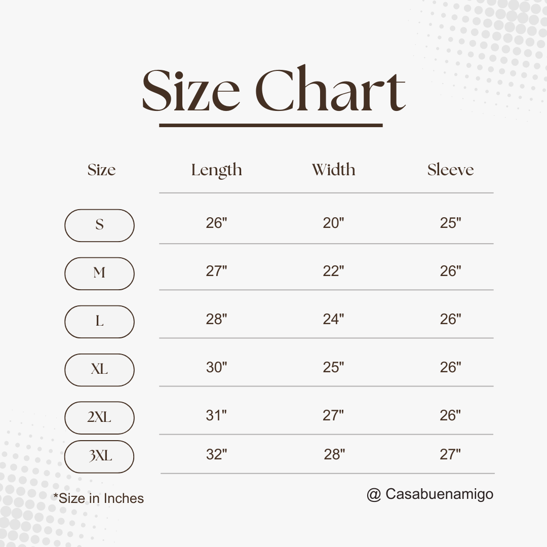 A size chart table for apparel with columns labeled Size, Length, Width, and Sleeve, listing S through 3XL in inches. The title 'Size Chart' appears at the top on a light gray background with subtle tonal corner patterns.
