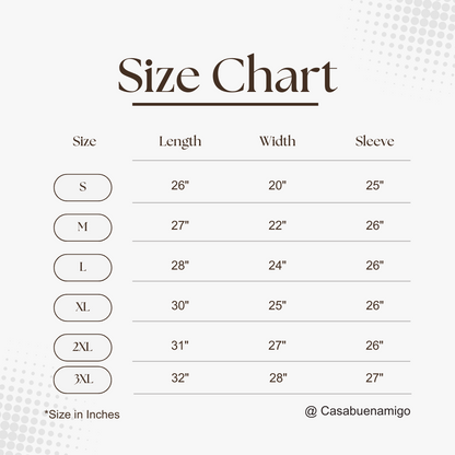 A size chart table for apparel with columns labeled Size, Length, Width, and Sleeve, listing S through 3XL in inches. The title 'Size Chart' appears at the top on a light gray background with subtle tonal corner patterns.