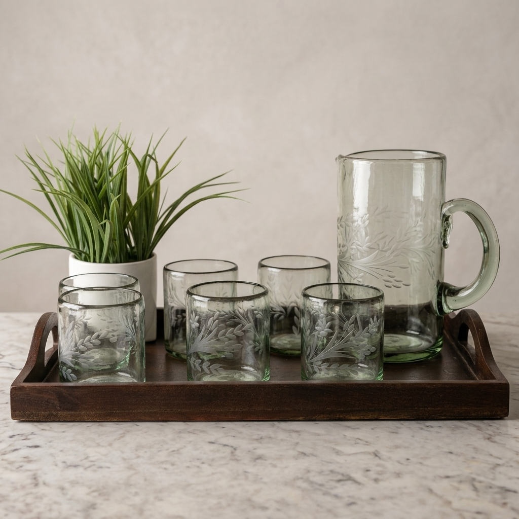 Mexican Recycled Handblown Glass Pitcher & 6 Tumbler Set
