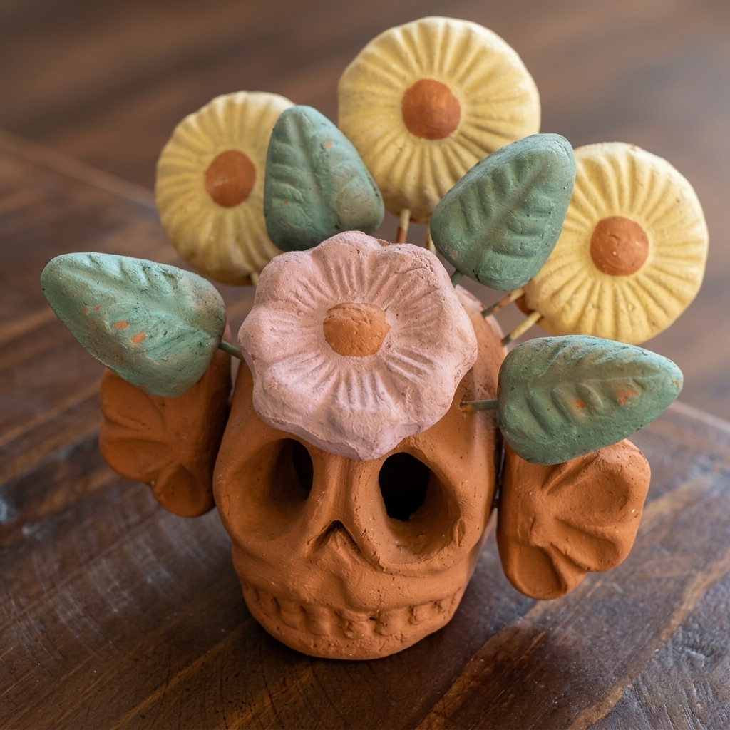 A decorative skull centerpiece on a dark wooden surface, featuring a terracotta skull with a pink flower and green leaves on the front, and yellow flowers on the sides.