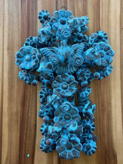 Mexican Ceramic Wall Cross Handmade in Guadalajara | Talavera Style Floral Cross with Butterflies | 14 Inch Folk Art Wall Decor