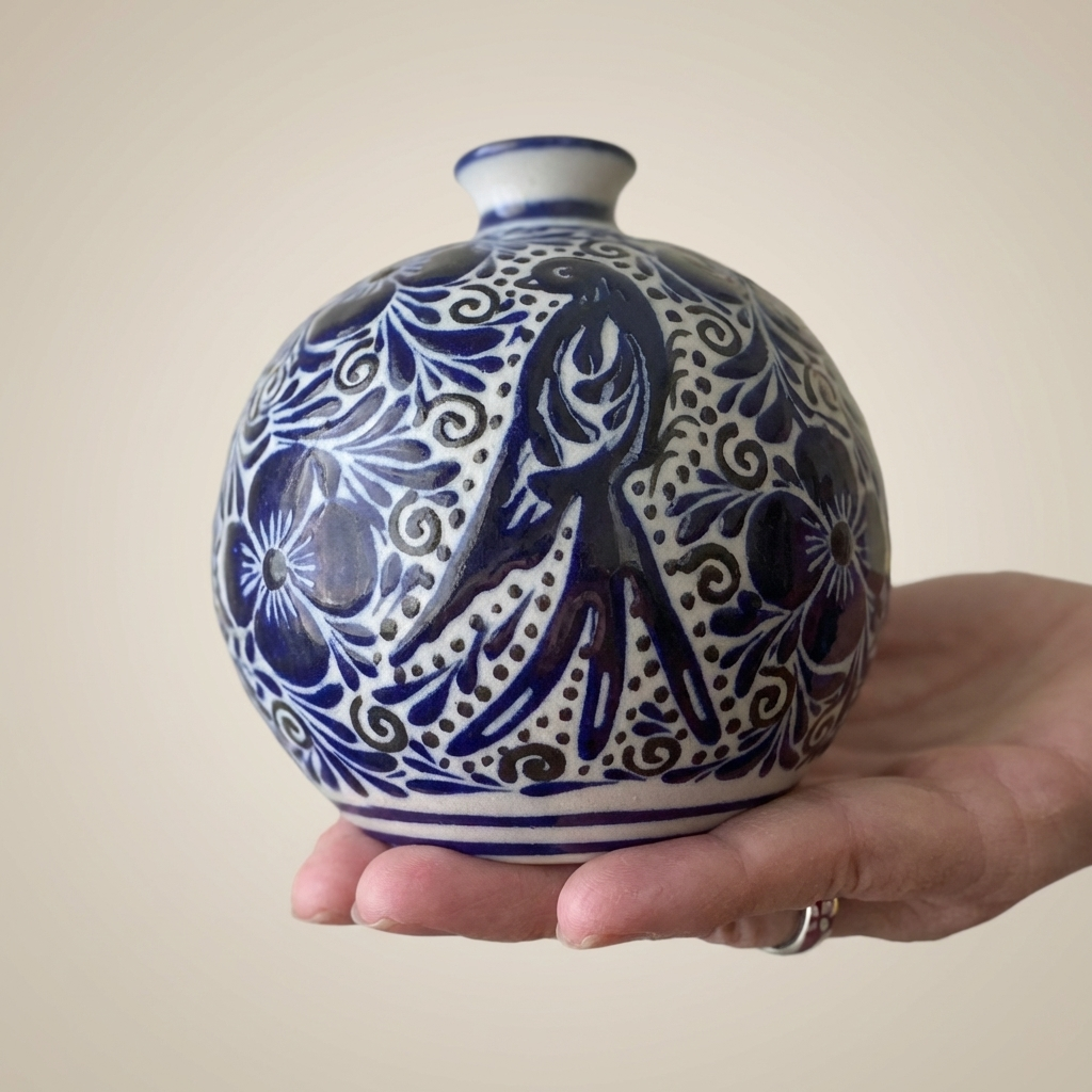 Hand Painted Mexican Blue & White Vase – Bird & Floral Talavera Style Pottery – Small Decorative Vase 4.5”