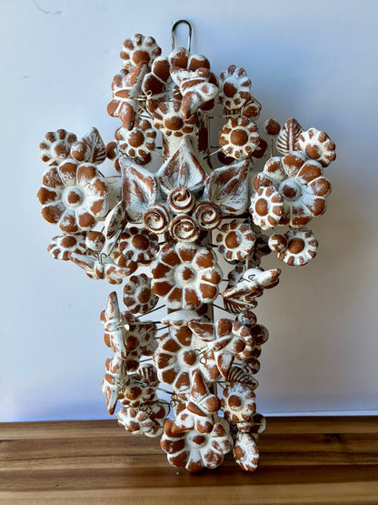 Mexican Ceramic Wall Cross Handmade in Guadalajara | Talavera Style Floral Cross with Butterflies | 14 Inch Folk Art Wall Decor