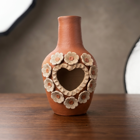 Handmade Oaxacan Clay Chimney Incense Burner | Santa María Atzompa Flower Heart Candle Holder