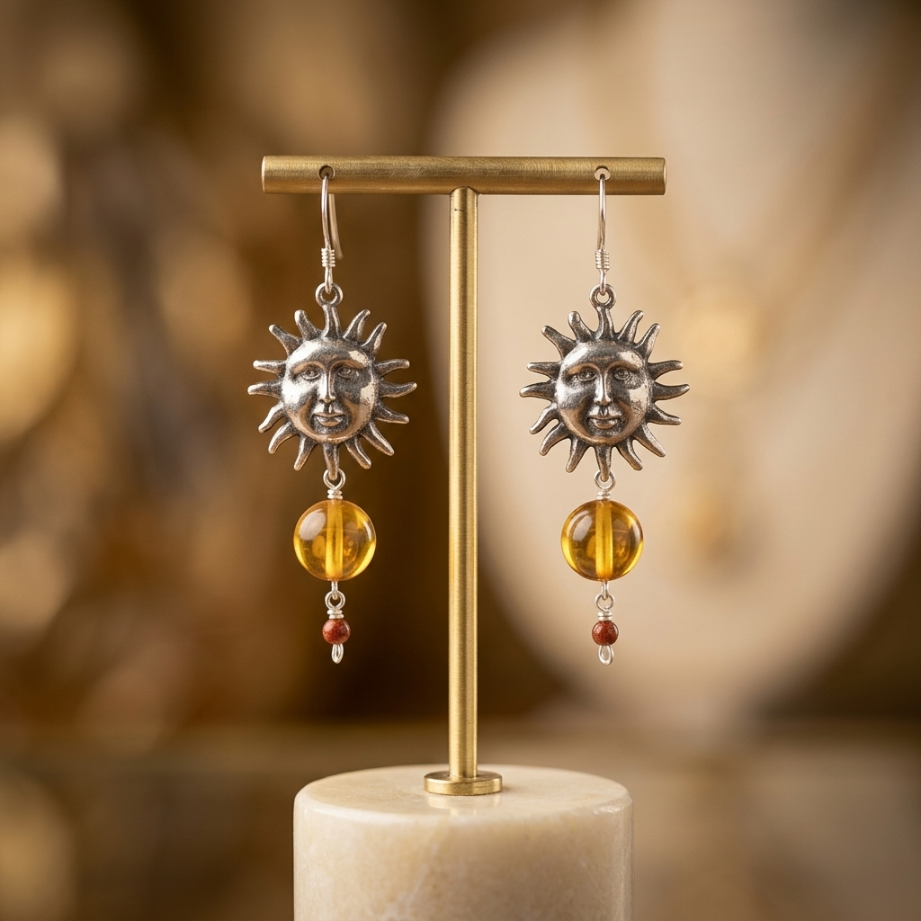Amber Sun Earrings .925 Silver | Handmade Mexican Jewelry | Chiapas Amber & Carnelian Boho Earrings