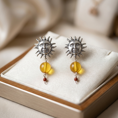 Amber Sun Earrings .925 Silver | Handmade Mexican Jewelry | Chiapas Amber & Carnelian Boho Earrings
