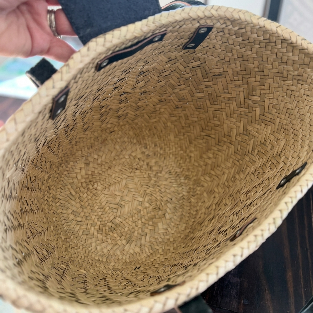 Handwoven Palm Market Tote Bag with Leather Handles & Snap Closure | Handmade Oaxaca Mexico Basket by Noo Bilikaa Artesans