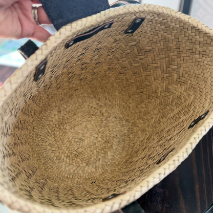 Handwoven Palm Market Tote Bag with Leather Handles & Snap Closure | Handmade Oaxaca Mexico Basket by Noo Bilikaa Artesans