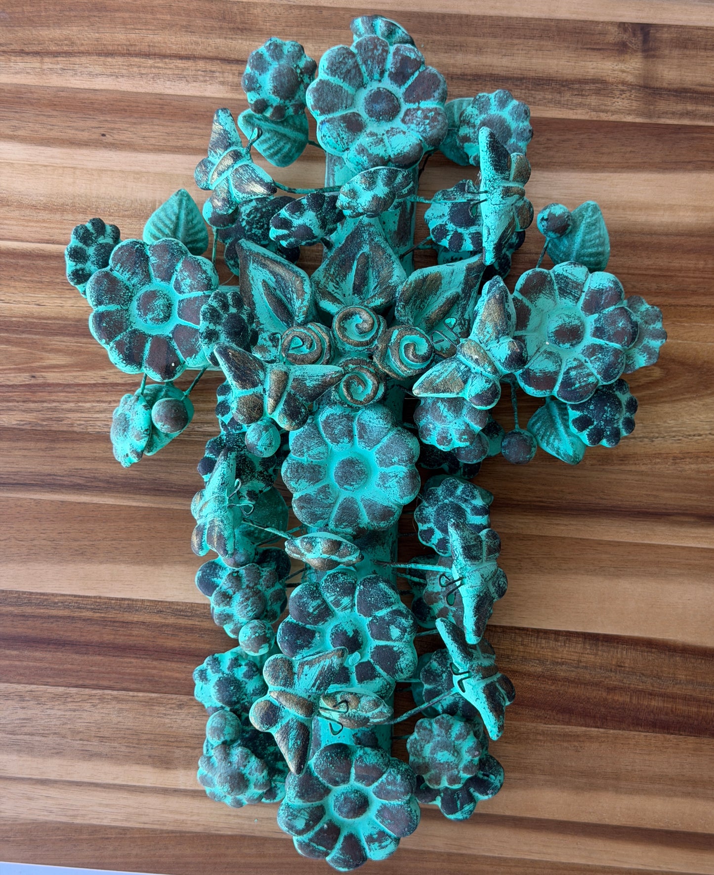 Mexican Ceramic Wall Cross Handmade in Guadalajara | Talavera Style Floral Cross with Butterflies | 14 Inch Folk Art Wall Decor