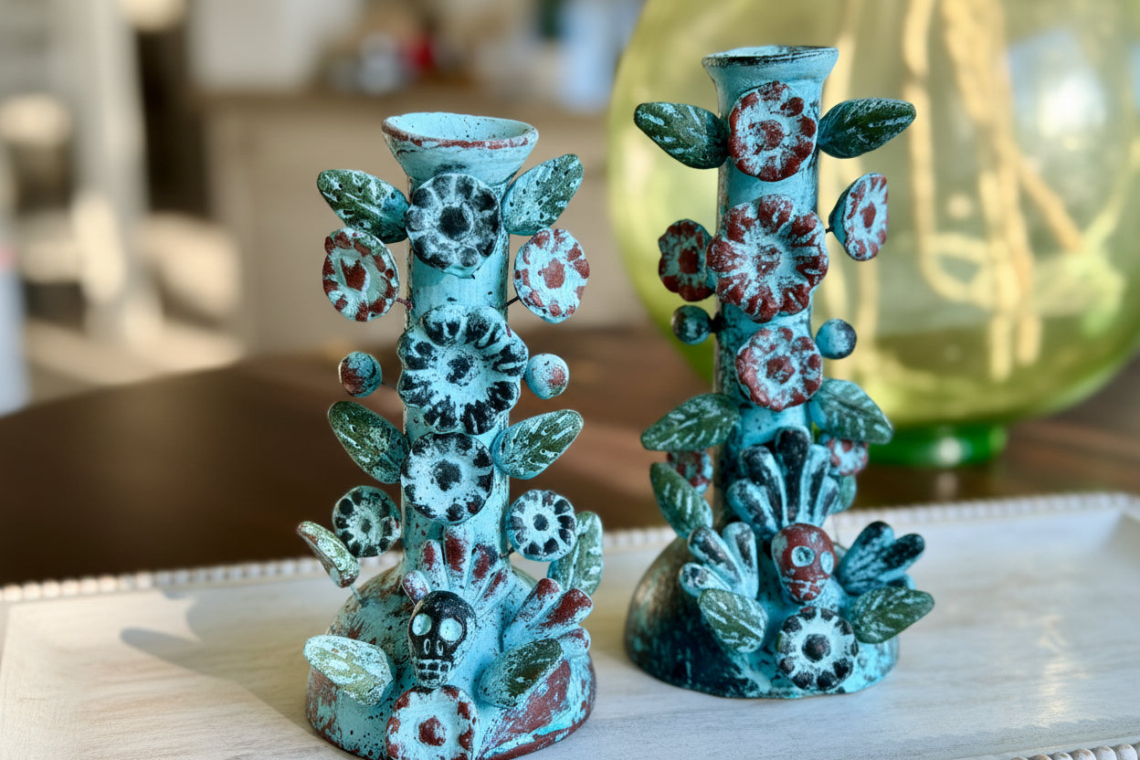 Handmade Day of the Dead Skull Candlesticks – Mexican Floral Calavera Candle Holders Set of 2