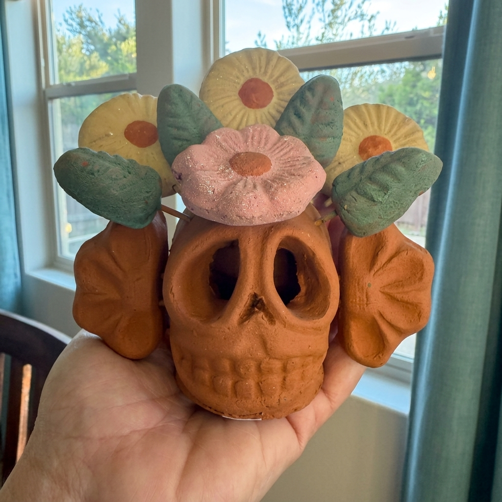 A hand holds a small terracotta skull decoration decorated with a pink flower, green leaves, and yellow sunflowers, set against a window background.