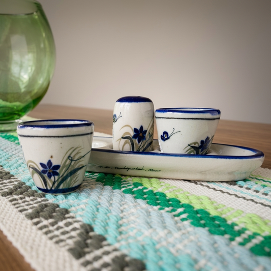 Tequila Shot Glass & Salt Shaker Serving Set | Handmade Blue Flower & Butterfly Pottery from Tonala, Mexico