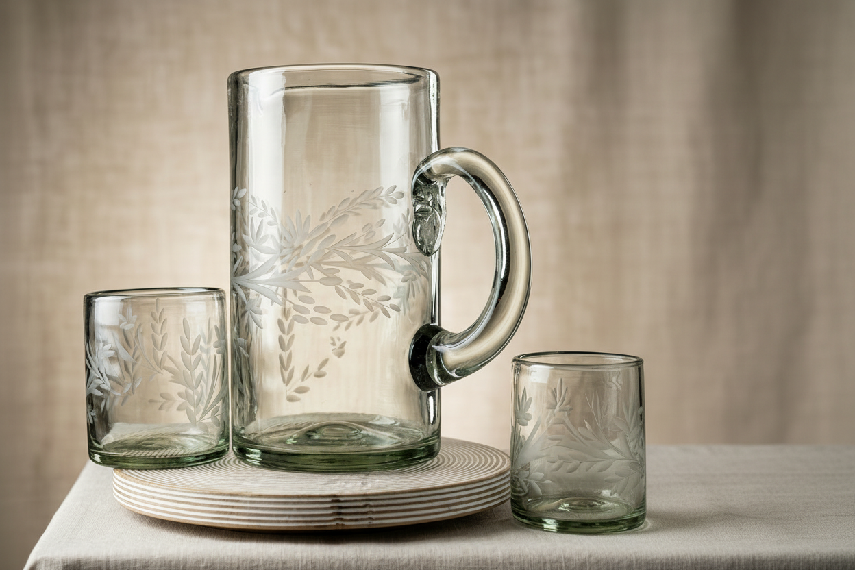 Mexican Recycled Handblown Glass Pitcher & 6 Tumbler Set