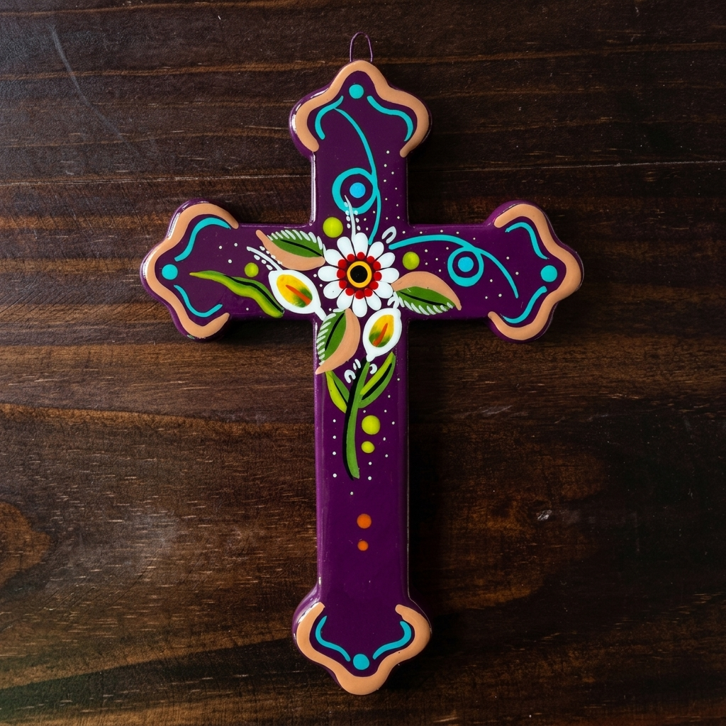 A hand-painted Ceramic cross with a deep purple background, decorated with a central white flower, green leaves, and turquoise and orange accents, resting on a dark wood surface.