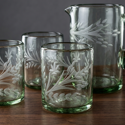 Mexican Recycled Handblown Glass Pitcher & 6 Tumbler Set