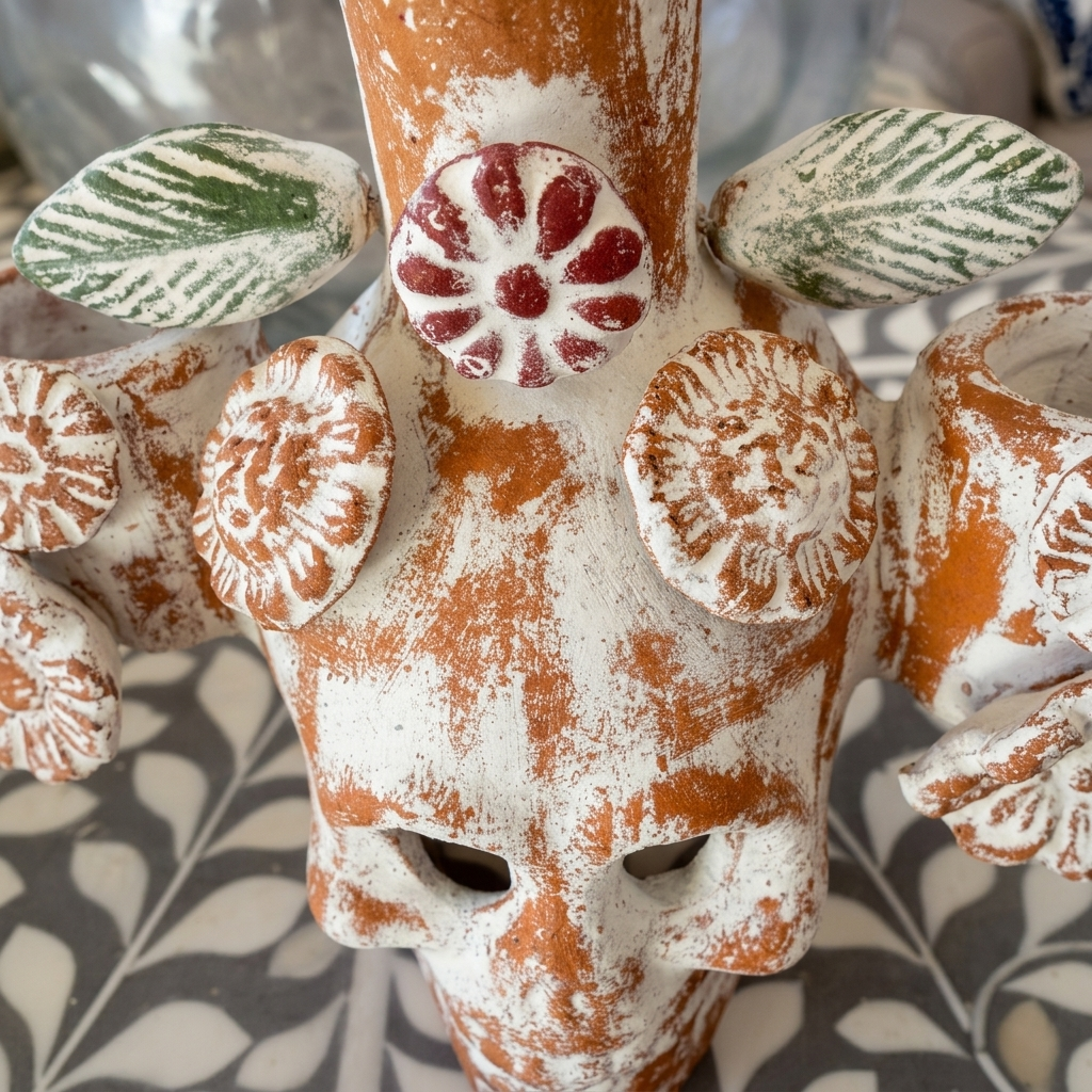 A close-up of a decorative ceramic skull sculpture with a distressed terracotta orange and white glaze, featuring carved floral details on the sides and a red-and-white circular ornament on top.