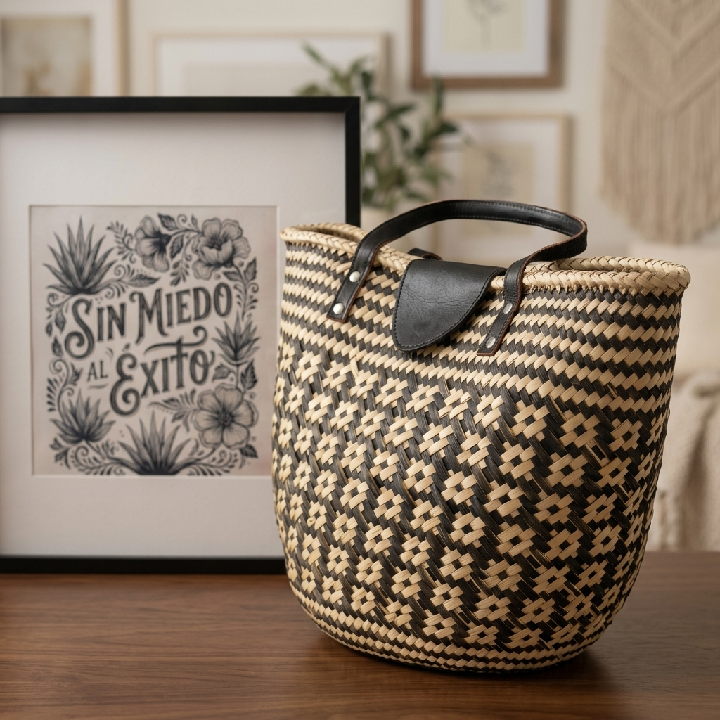 Black and natural palm tote bag handcrafted in Oaxaca