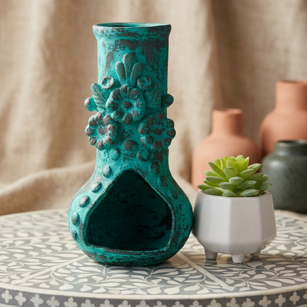 A distressed teal ceramic vase with floral relief details and a hollow base, displayed on a patterned table next to a small potted succulent with blurred terracotta vases in the background.