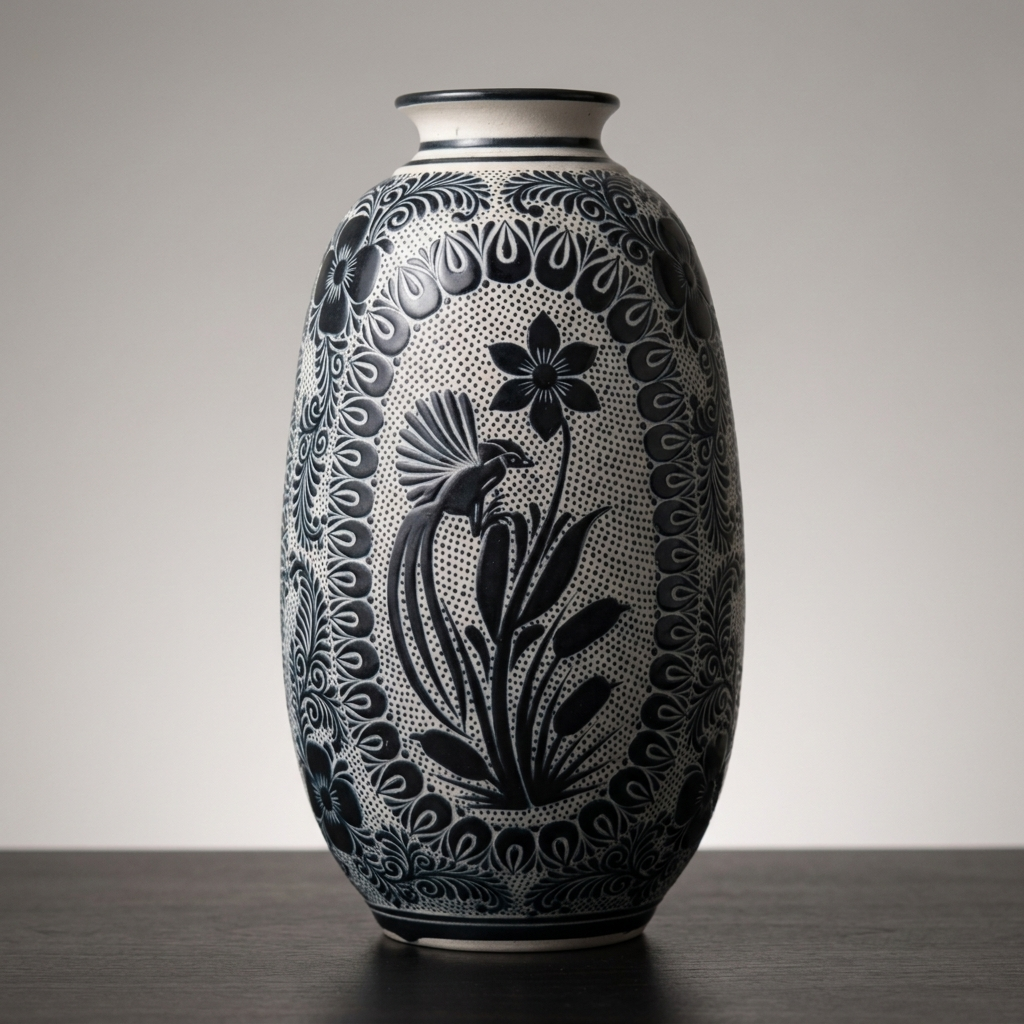 Hand Painted Talavera Style Vase 11.5” – Black & White Mexican Ceramic from Guanajuato