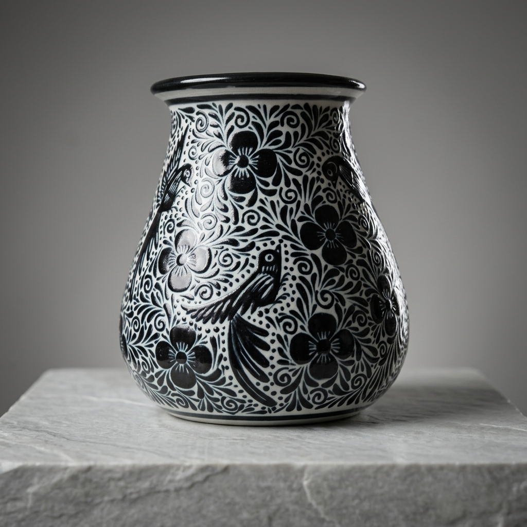 Black and White Hand Painted Mexican Ceramic Vase – Pajaro Ceramics Guanajuato Folk Art Pottery – 7.25 Inch Vase