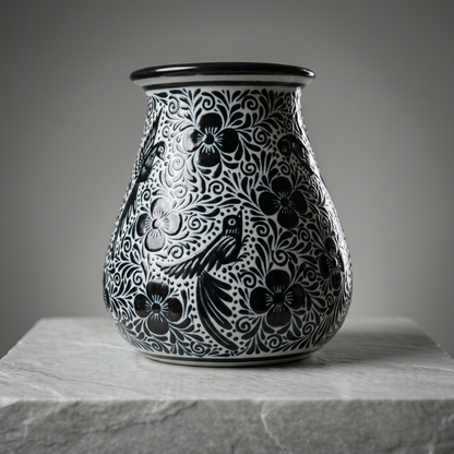 Black and White Hand Painted Mexican Ceramic Vase – Pajaro Ceramics Guanajuato Folk Art Pottery – 7.25 Inch Vase