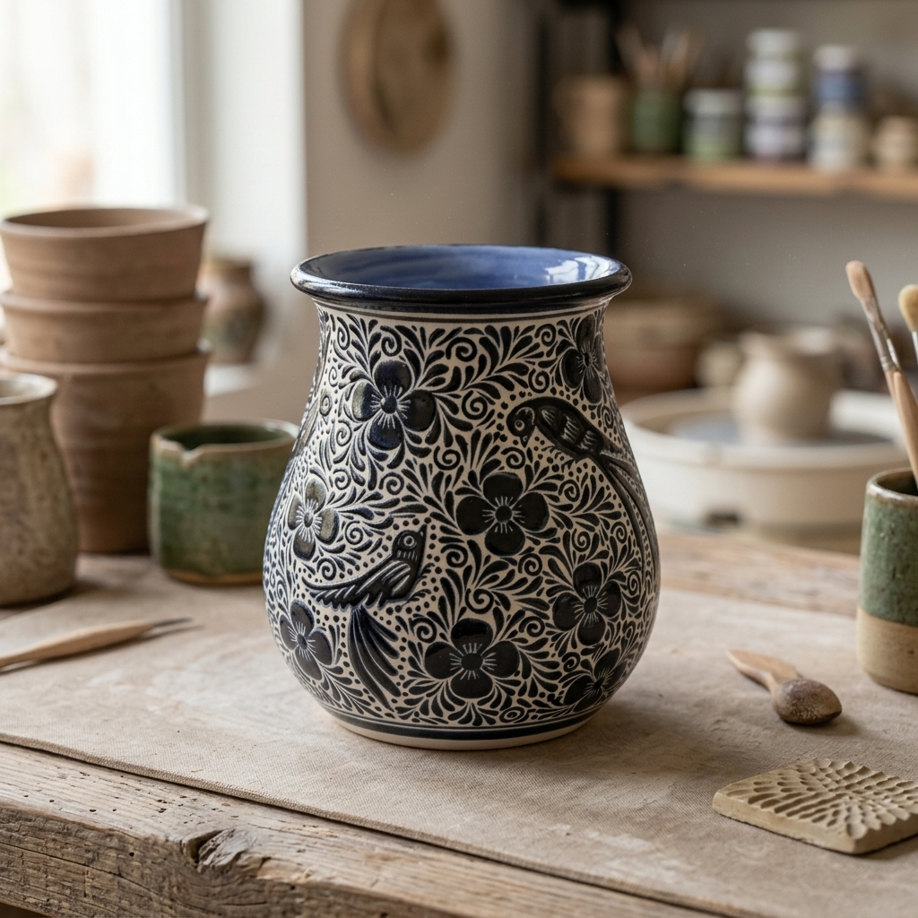 Black and White Hand Painted Mexican Ceramic Vase – Pajaro Ceramics Guanajuato Folk Art Pottery – 7.25 Inch Vase